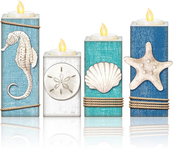 4 Pcs Coastal LED Wood Candle Holder & Tea Light