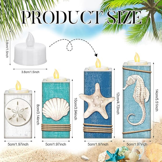 4 Pcs Coastal LED Wood Candle Holder & Tea Light