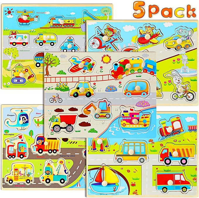11.8" x 8.8" Vehicle Peg Wooden Puzzle (Set of 5)