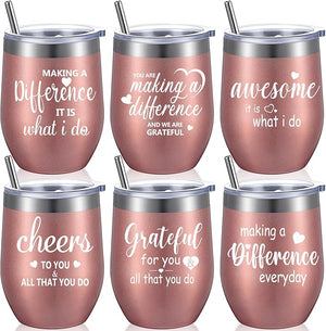 12oz Stainless Steel Wine Tumblers with Lids & Straws (Set of 6)