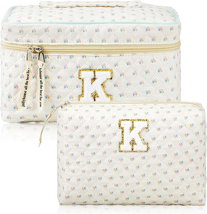 Cotton Quilted Makeup Bag (Letter S/M/K, Set of 2)