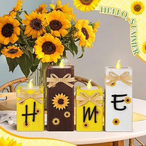4 Pcs Sunflower "HOME" LED Wood Candle Holder & Tea Light