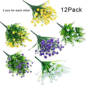 12-Pcs UV Resistant Artificial Flower Bundles (Yellow, Purple, White)