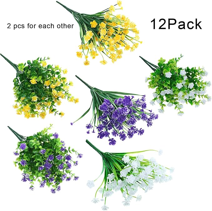 12-Pcs UV Resistant Artificial Flower Bundles (Yellow, Purple, White)