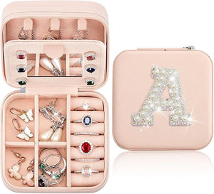 Initial Mini Pink Travel Jewelry Box with Mirror (A)