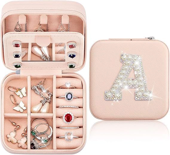 Initial Mini Pink Travel Jewelry Box with Mirror (A)