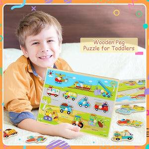 11.8" x 8.8" Vehicle Peg Wooden Puzzle (Set of 5)