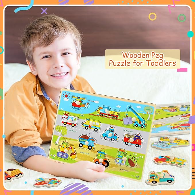 11.8" x 8.8" Vehicle Peg Wooden Puzzle (Set of 5)