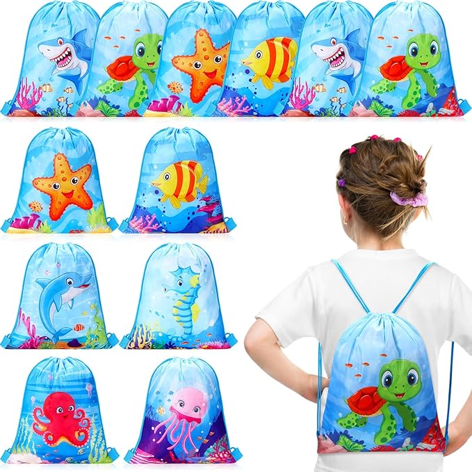 Drawstring Backpack Bag (12 Pcs, Ocean Animal Theme)
