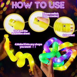 LED Light Up Fidget Tubes, Stretchable Glow-in-the-Dark Toy (Set of 30)