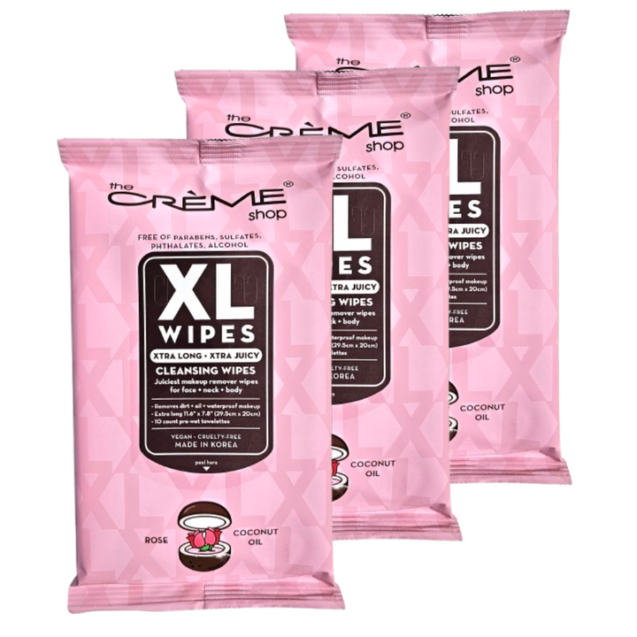 The Crème Shop 10 ct XL Makeup Remover Wipes -3 Pack (Rose & Coconut Oil)