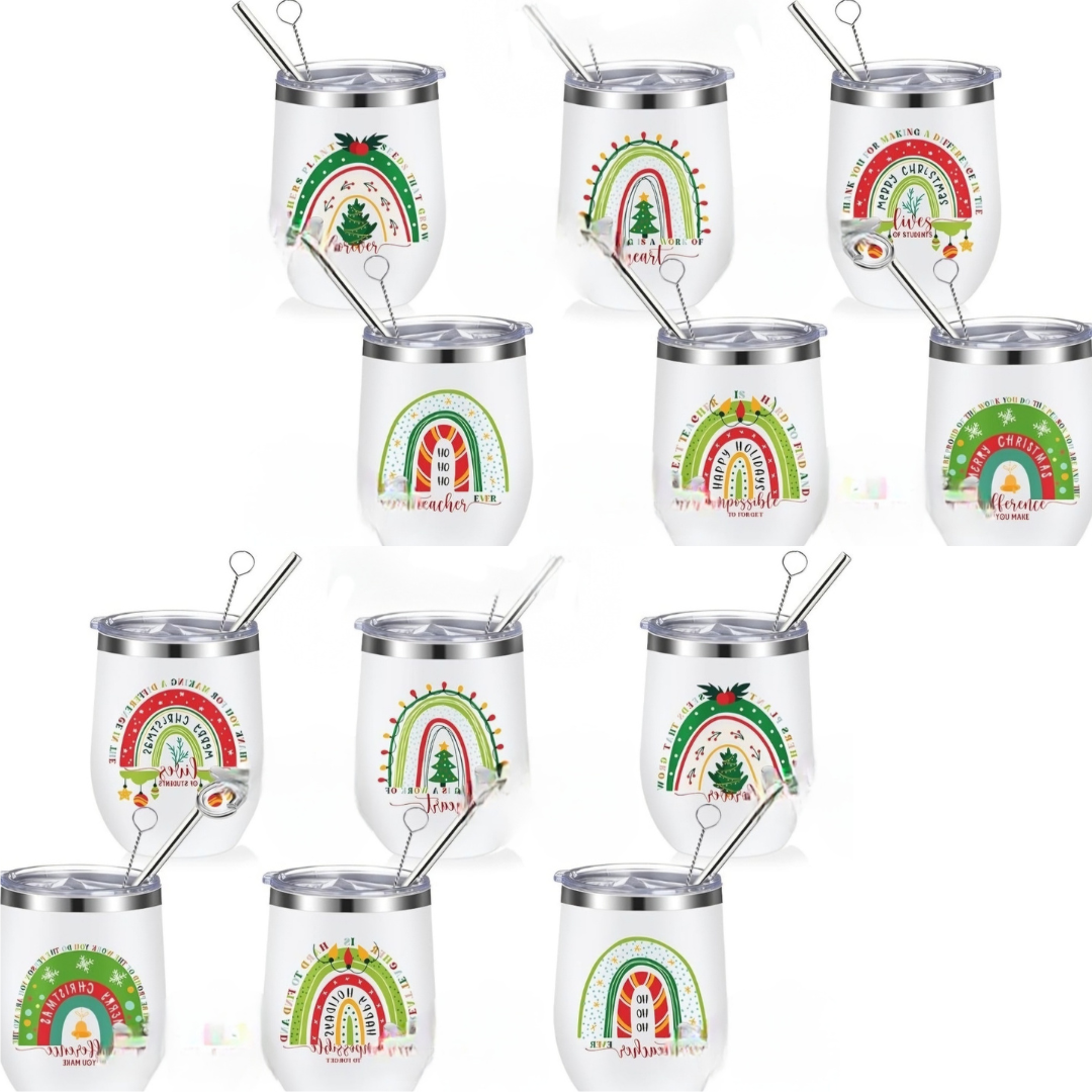 12oz Stainless Steel Wine Tumblers with Lids & Straws (Christmas Themed, Set of 12)