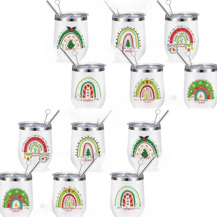12oz Stainless Steel Wine Tumblers with Lids & Straws (Christmas Themed, Set of 12)