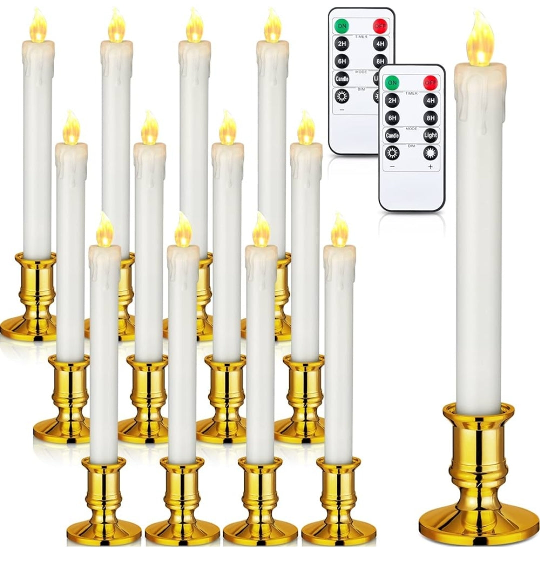 9" LED Taper Candle with Gold Candle Holder (Set of 12, 2 Remote Control)