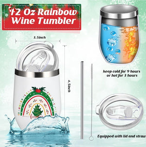 12oz Stainless Steel Wine Tumblers with Lids & Straws (Christmas Themed, Set of 12)