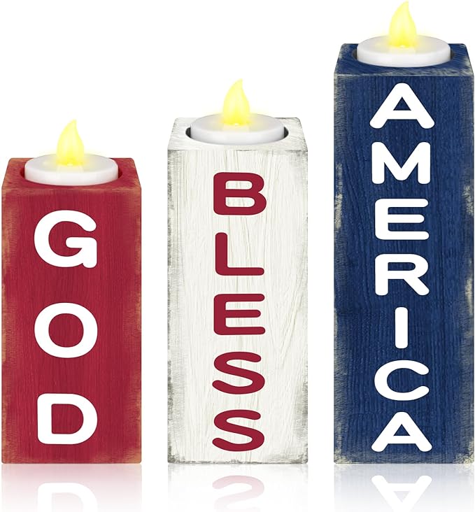 3 Pcs “God Bless America” 🇺🇸 Patriotic LED Wood Candle Holder & Tea Light