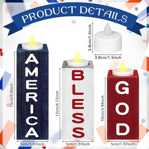 3 Pcs “God Bless America” 🇺🇸 Patriotic LED Wood Candle Holder & Tea Light