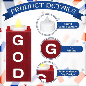 3 Pcs “God Bless America” 🇺🇸 Patriotic LED Wood Candle Holder & Tea Light