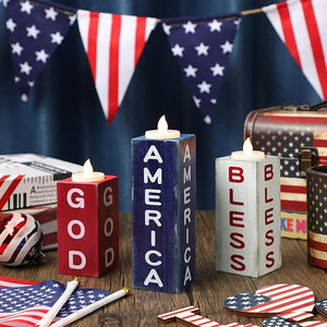 3 Pcs “God Bless America” 🇺🇸 Patriotic LED Wood Candle Holder & Tea Light
