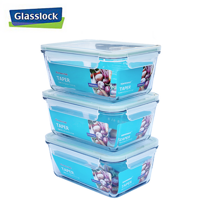 [Glasslock] 57.5oz/1700 ml Taper Rectangular Glass Food-Storage Container with Locking Lids Anti-Spill Microwave Safe 6pc Set